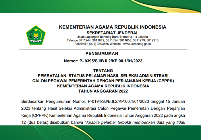 Informasi Serta Merta Pengumuman Pembatalan Status Pelamar Hasil Seleksi Administrasi CPPPK Kemenag Tahun Anggaran 2022Pengumuman Pembatalan Status Pelamar Hasil Seleksi Administrasi CPPPK Kemenag Tahun Anggaran 2022
