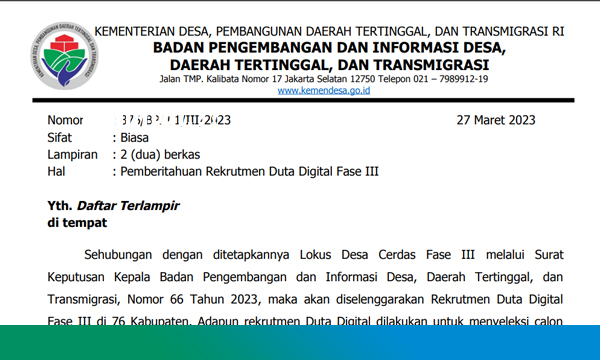 Screenshot Surat Pemberitahuan Rekrutmen Duta Digital Fase III