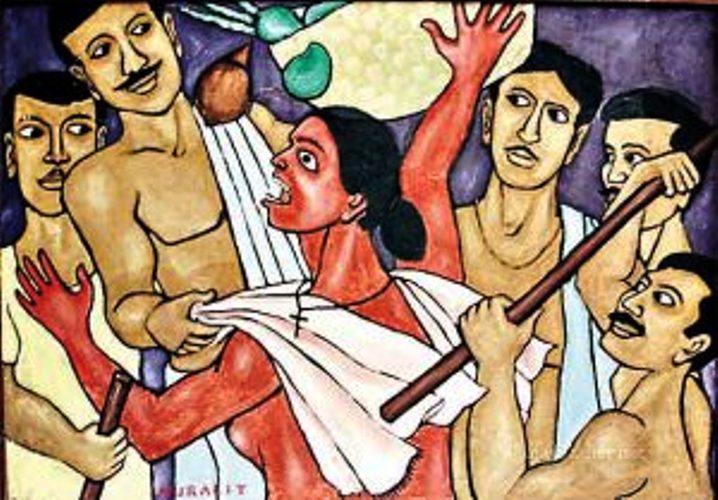 'Wanita Channar', sebuah lukisan karya Chitrakaran T. Murali, menggambarkan perjuangan perempuan Dalit untuk menutupi tubuh bagian atas mereka. [foto asset: thefederal.com]