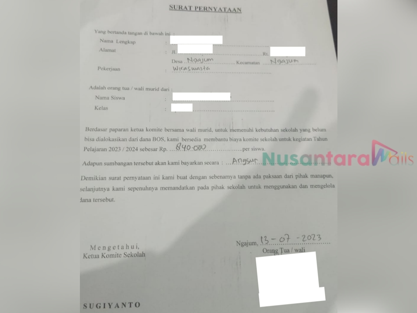 Lampiran surat pernyataan SMPN 1 Ngajum Malang diduga kuat terindikasi penarikan yang di samarkan atas persetujuan wali siswa.