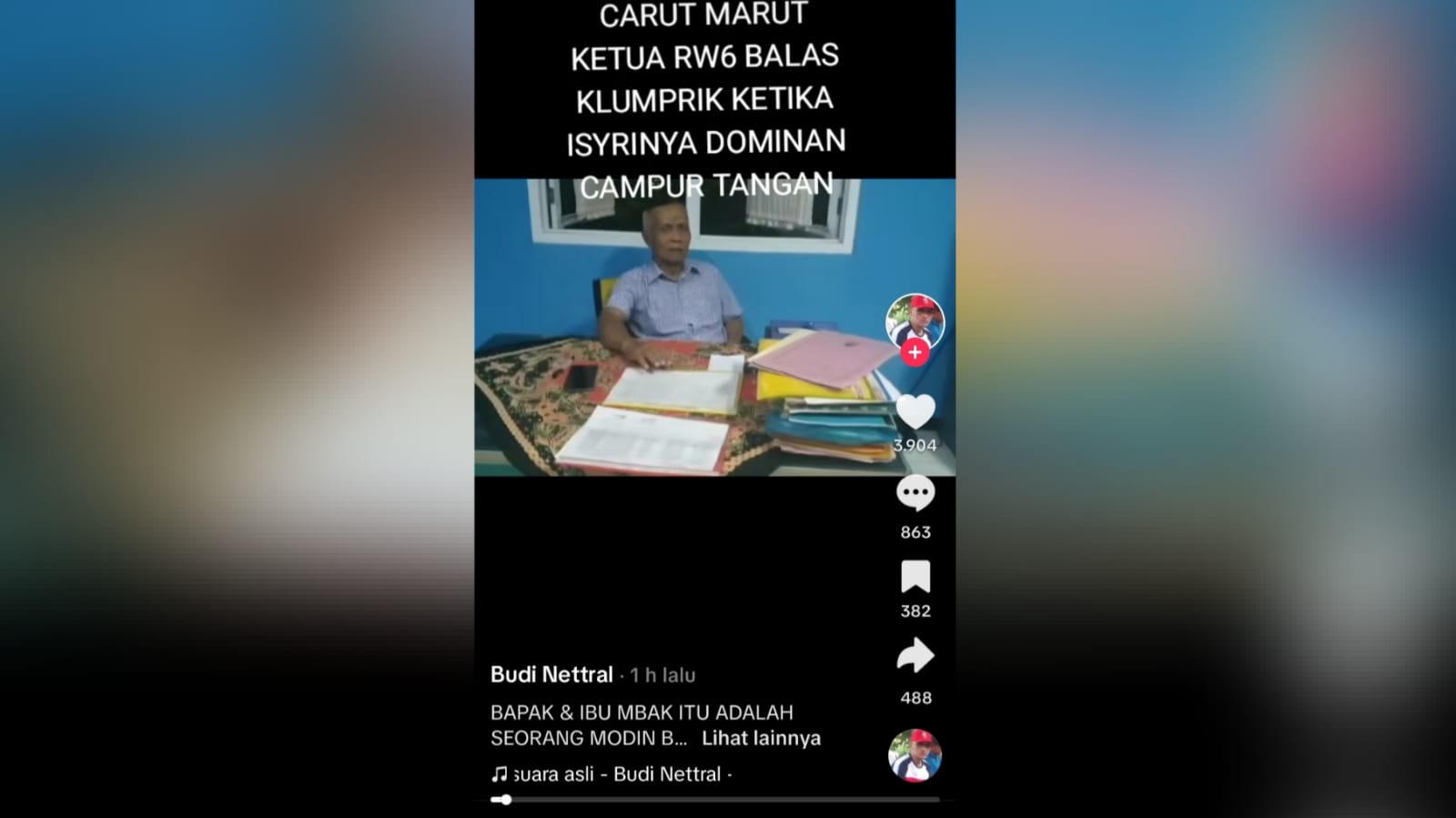 Video viral tangkapan screenshot akun TikTok @Budi Nettral pria diduga Ketua RW 6 Balas Klumprik tidak mau menandatangani pemberkasan. (Dok/nusantaramails.com)
