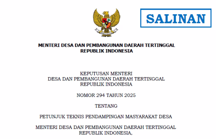 Kepmen Desa dan Pembangunan Daerah Tertinggal Republik Indonesia Nomor 294 Tahun 2025 Tentang Petunjuk Teknis Pendampingan Masyarakat Desa